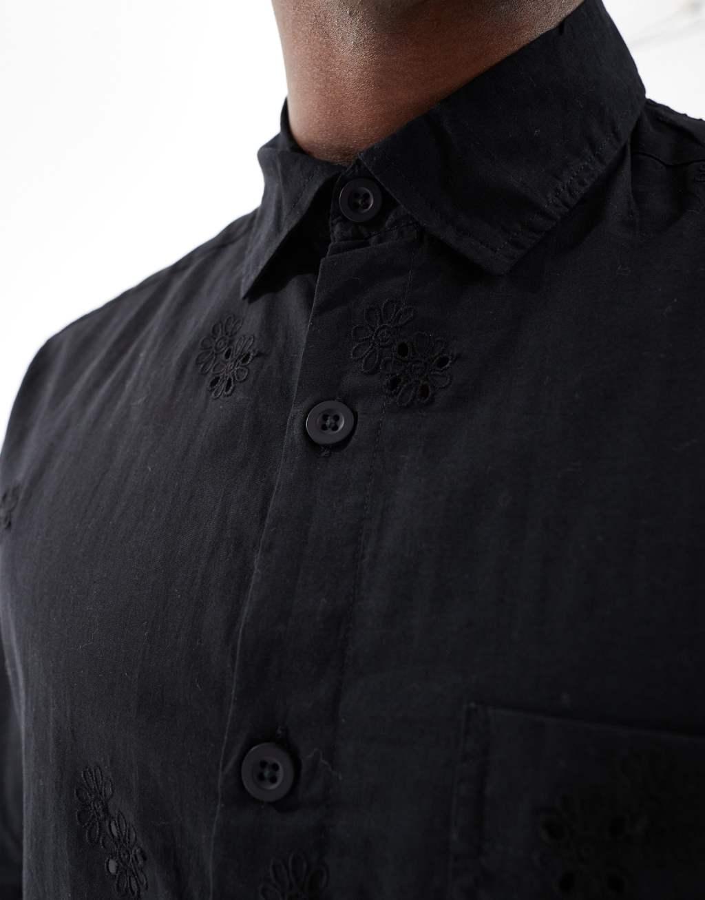 ASOS DESIGN overshirt with floral embroidery in black Product Image