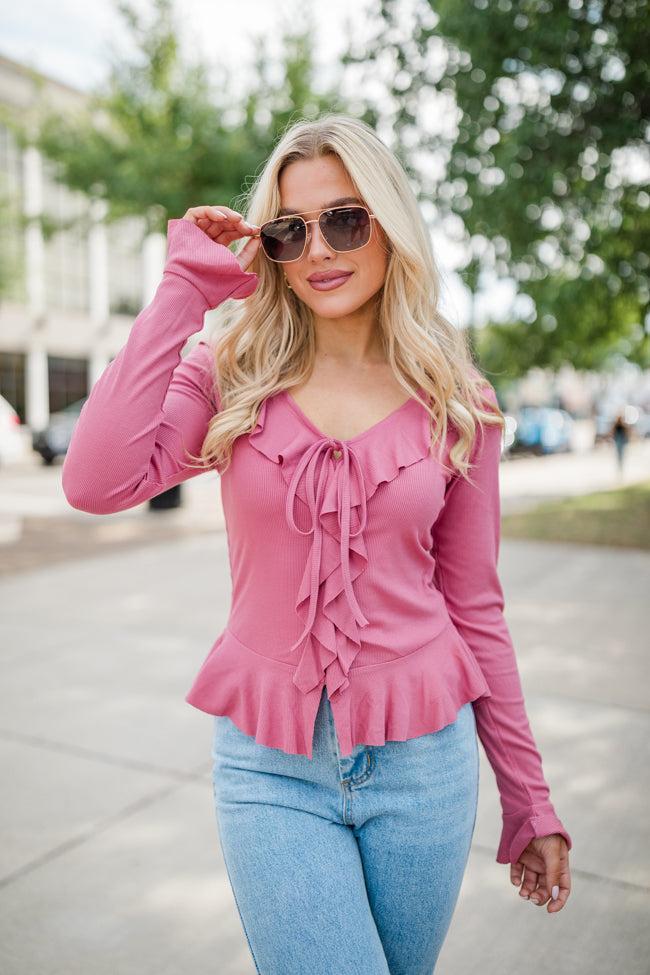 Treat You the Same Rose Ruffle Detail Ribbed Blouse FINAL SALE Product Image