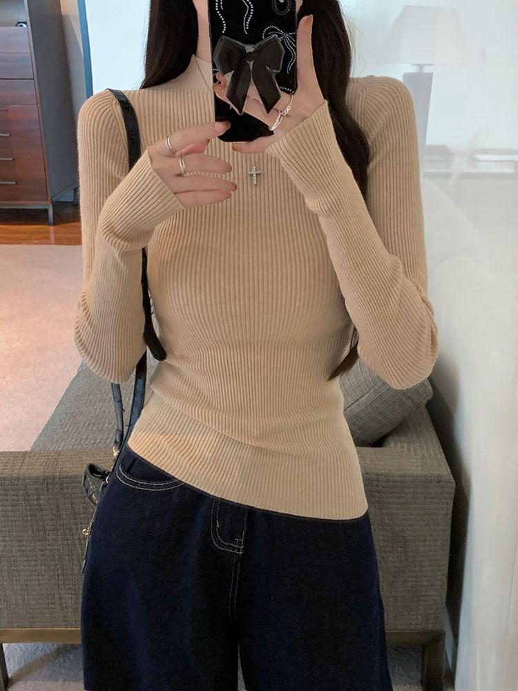 Long-Sleeve Mock Neck Plain Slim Fit Knit Top Product Image