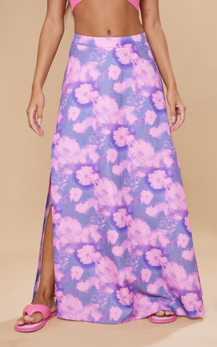 Purple Blurred Floral Print Woven Floaty Maxi Skirt Product Image