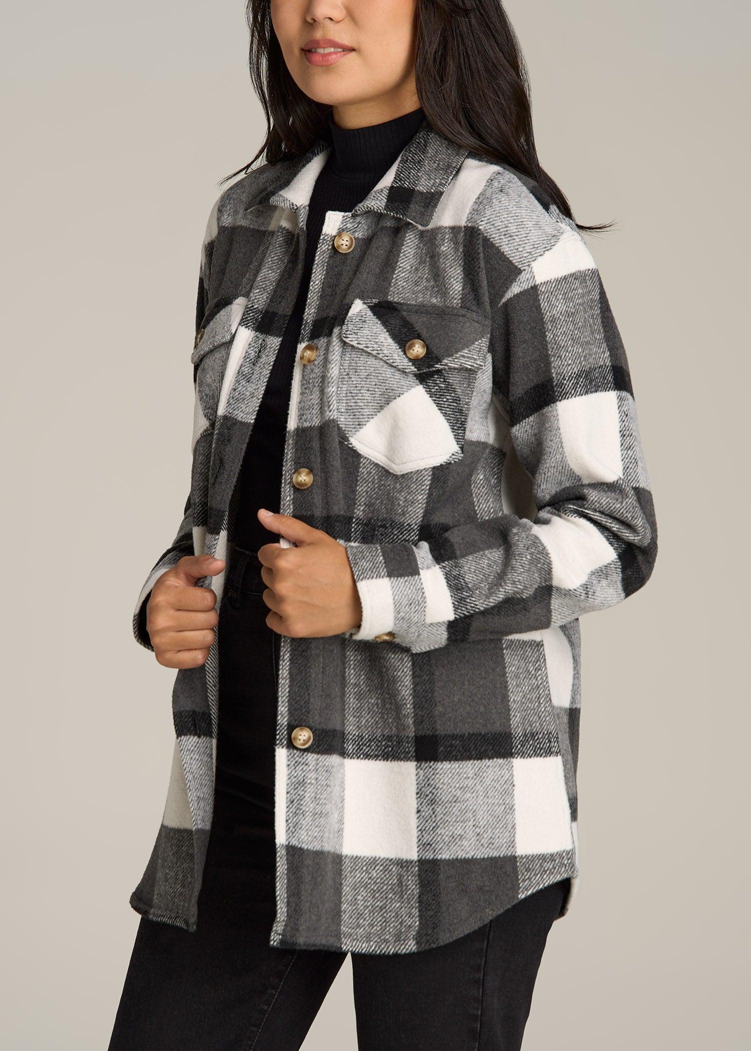 Flannel Women's Tall Shacket in Grey and Black Plaid Female Product Image