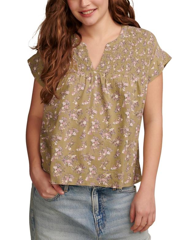 Lucky Brand Womens Printed Smocked Short-Sleeve Top Product Image