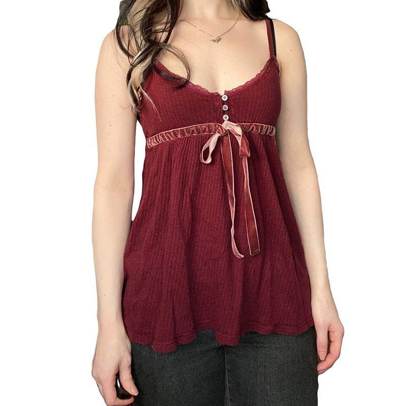 Lace Trim Velvet Bow Flowy Cami Top Product Image