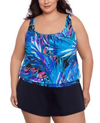 Swim Solutions Plus Size Printed Shirred Neck Blouson Tankini Swim Skirt Created For Macys Product Image