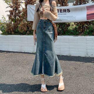 High Waist Washed Fray Midi Mermaid Denim Skirt Product Image