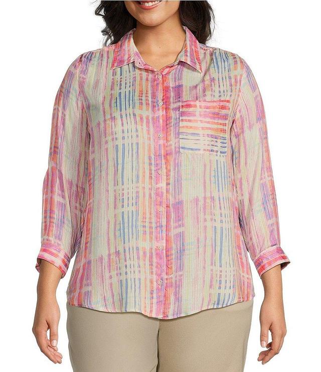 Intro Plus Size Watercolor Plaid Woven Point Collar 3/4 Roll-Tab Sleeve Button-Front Tunic Product Image