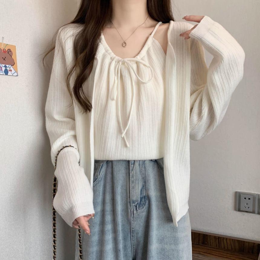 Set: Plain Bow Cami Top + Cardigan Product Image