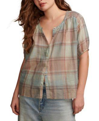 Women's Cotton Plaid Smocked-Shoulder Blouse  Product Image