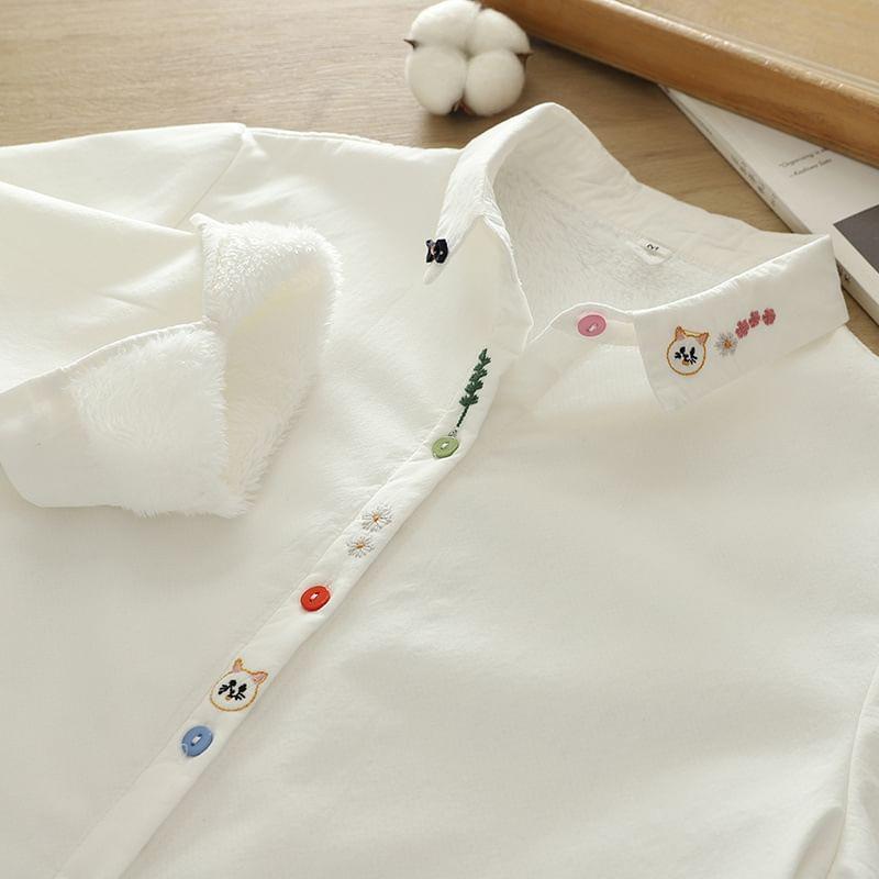 Long Sleeve Collared Floral Embroidered Shirt Product Image