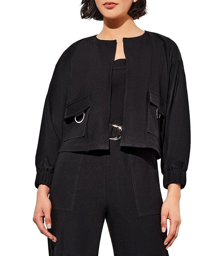 Ming Wang Deco Crepe Woven Split Round Neck Flap Pocket Drop Shoulder Long Sleeve Jacket Product Image