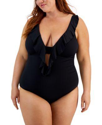 Becca Etc Trendy Plus Size Color Code Ruffled One-Piece Swimsuit Product Image