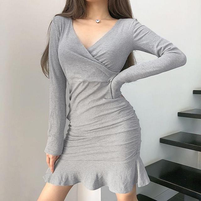 Long-Sleeve V-Neck Knit Mini Mermaid-Hem Sweater Dress Product Image