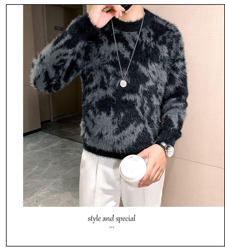 Crew Neck Patterned Fluffy Sweater Product Image