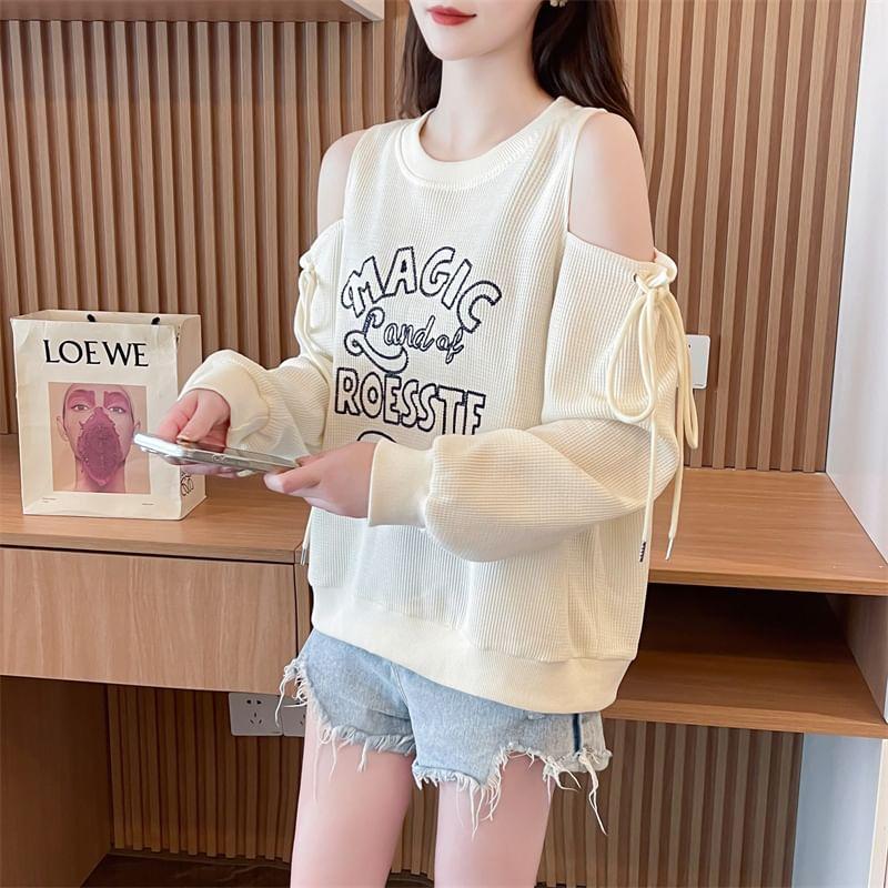 Crew Neck Cold Shoulder Lettering Embroidered Waffle Pullover Product Image