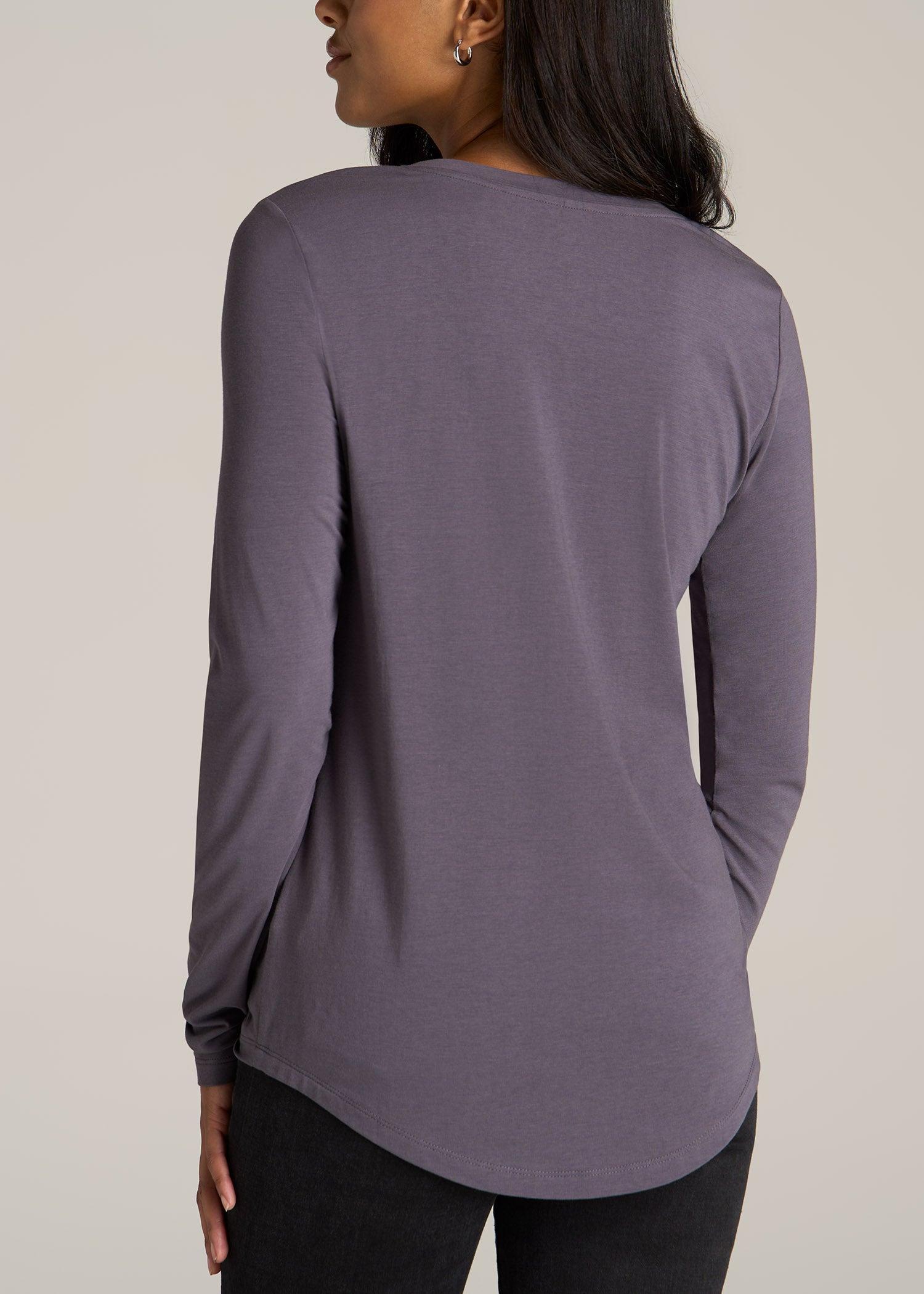 Long Sleeve Scoop V-Neck Tee Shirt for Tall Women in Charcoal Female Product Image