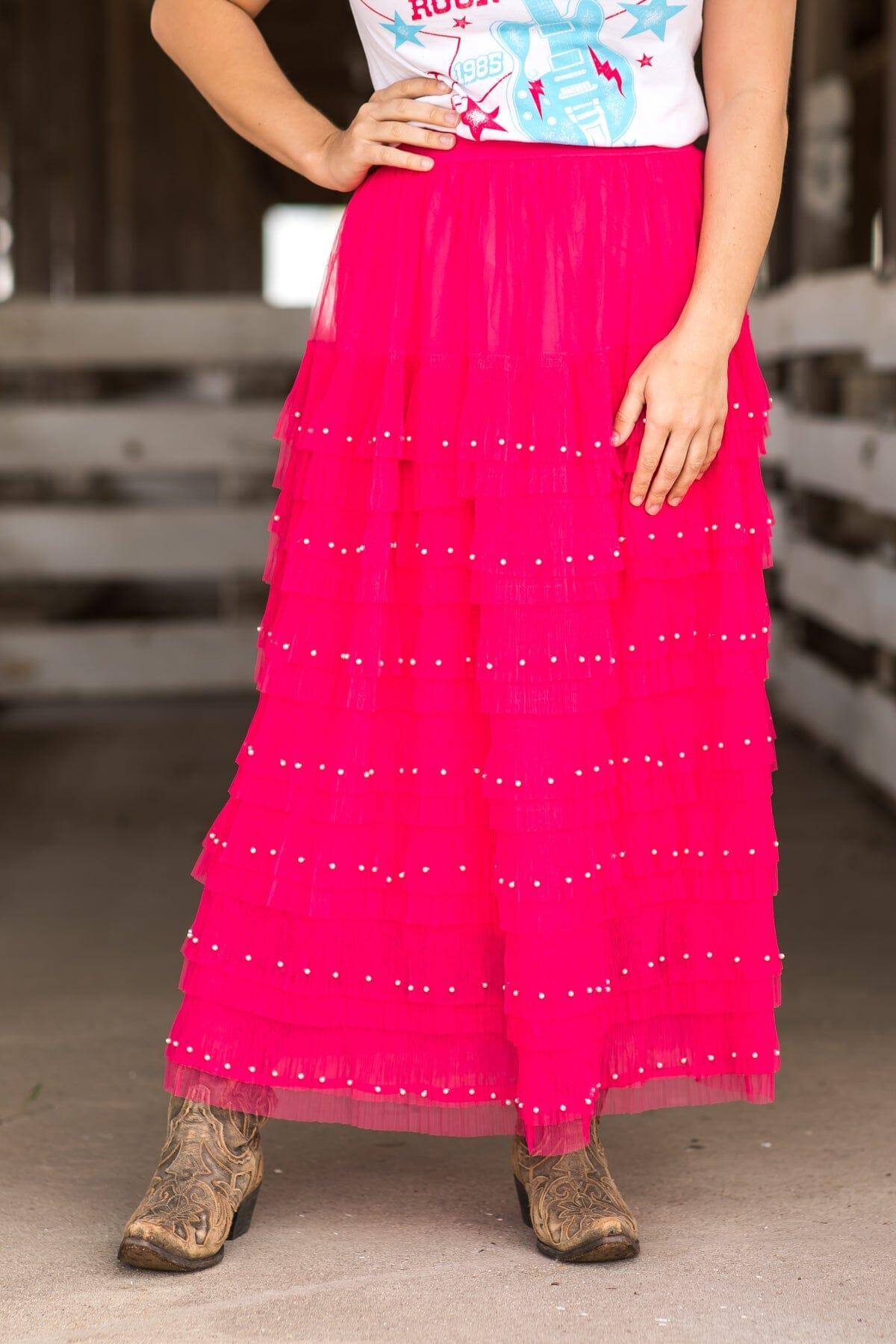 Hot Pink Tulle Midi Skirt With Pearl Detail Product Image