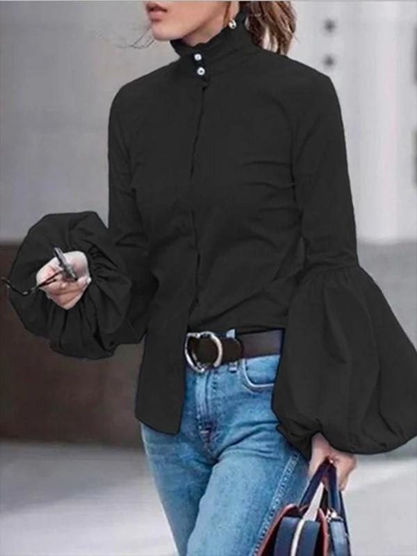 Urban Solid Color Stand Collar Puff Sleeves Blouse Product Image