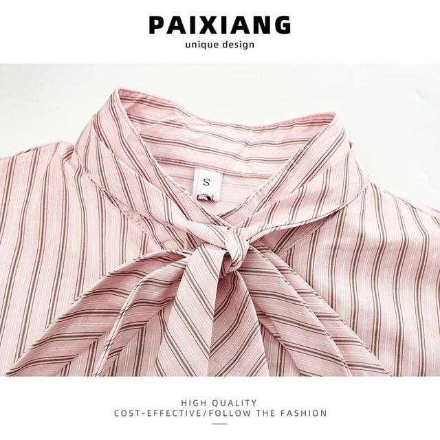 Long Sleeve Stand Collar Striped Tie Front Button-Up Blouse Product Image