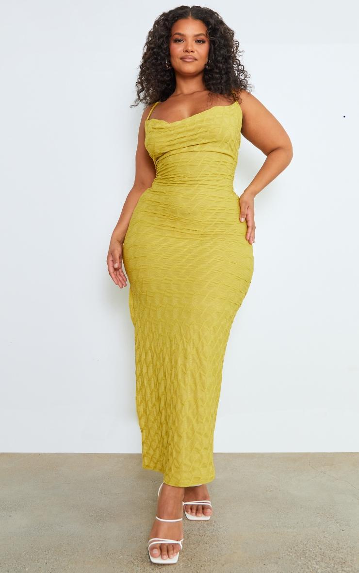 Plus Chartreuse Cowl Neck Textured Maxi Dress Product Image