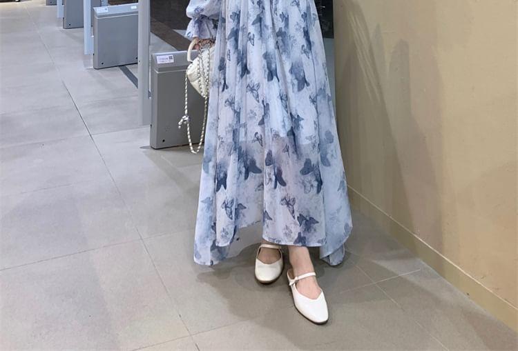 Puff-Sleeve V-Neck Floral Print Midi A-Line Dress Product Image