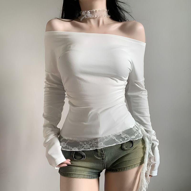 Long Sleeve Off-Shoulder Plain Lace Trim Tee Product Image