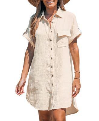 Cupshe Womens Collared Front Button Mini Beach Dress - Beige Product Image