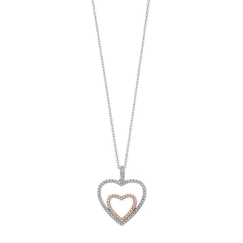 Two Tone Sterling Silver Cubic Zirconia Double Heart Pendant Necklace, Womens Product Image