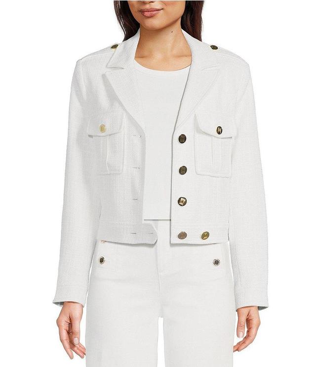 KARL LAGERFELD PARIS Peak Lapel Collar Long Sleeve Button- Front Cropped Tweed Jacket Product Image