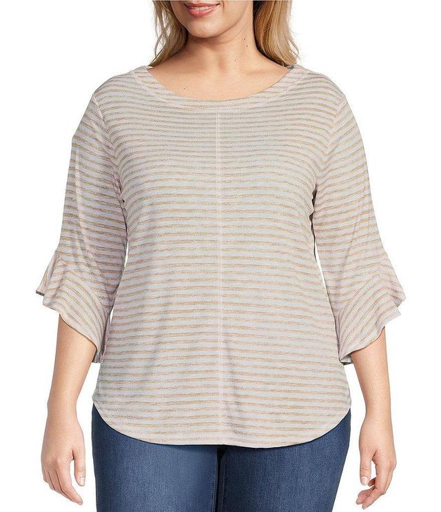 Westbound Plus Size Knit Stripe Print Crew Neck 3/4 Ruffle Sleeve Top Product Image