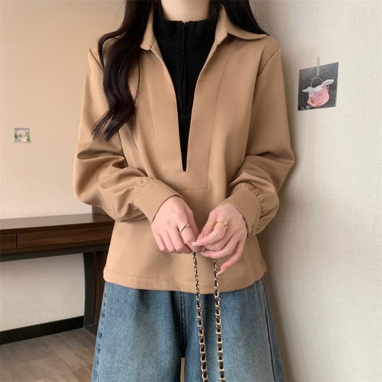 Mock Two-Piece Long-Sleeve Two Tone Overhead Blouse Product Image