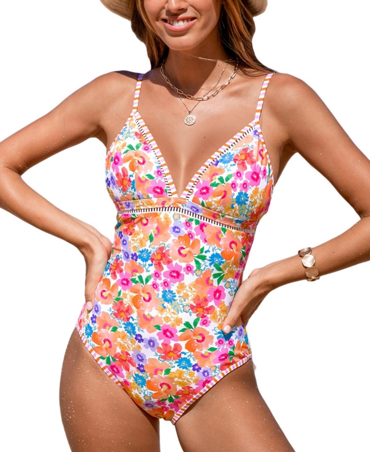 Cupshe Womens Watercolor Floral Plunging Lace-Up Back One-Piece Product Image