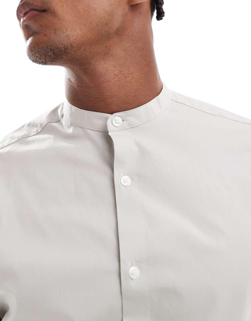 ASOS DESIGN slim fit band collar shirt in light gray Product Image