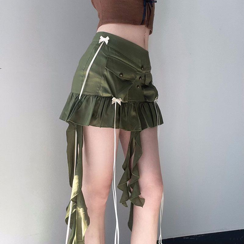 Low Rise Bow Accent Ruffled Asymmetric-Hem Mini Pencil Skirt Product Image