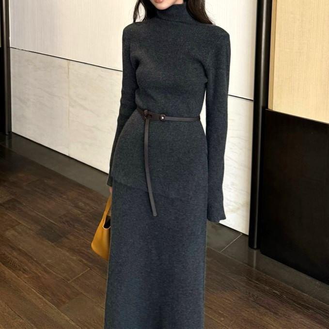 Turtleneck Plain Slit Sweater / High Rise Knit Maxi A-Line Skirt / Set Product Image