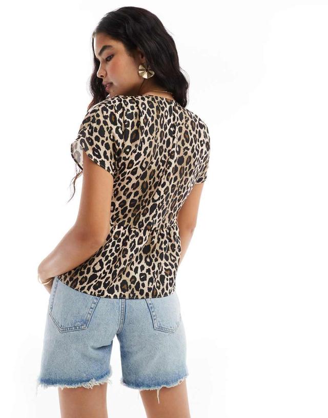 ASOS DESIGN linen look peplum button front top in animal print Product Image