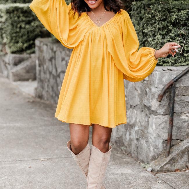 As Free As The Wind Yellow V Neck Bubble Sleeve Mini Dress FINAL SALE Product Image