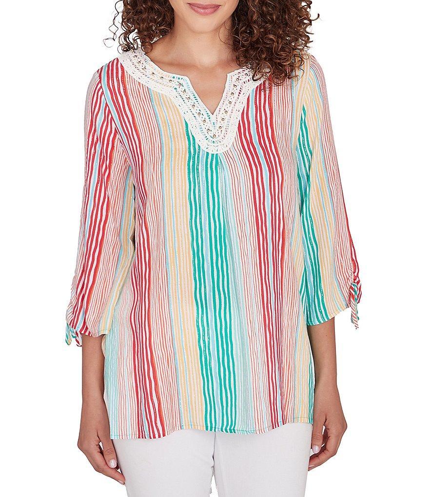 Ruby Rd. Woven Metallic Wavy Stripe Embroidered Split V-Neck 3/4 Sleeve Top Product Image