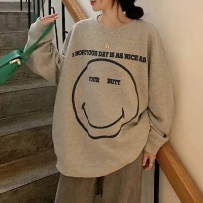 Round Neck Lettering Smiley Face Print Oversized Pullover Product Image