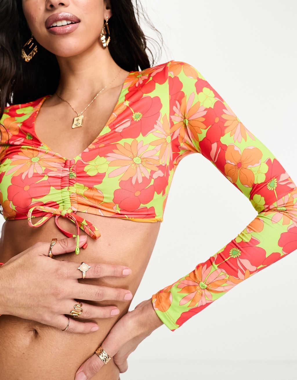 ASOS DESIGN long sleeve crop bikini top in bright retro floral print  Product Image