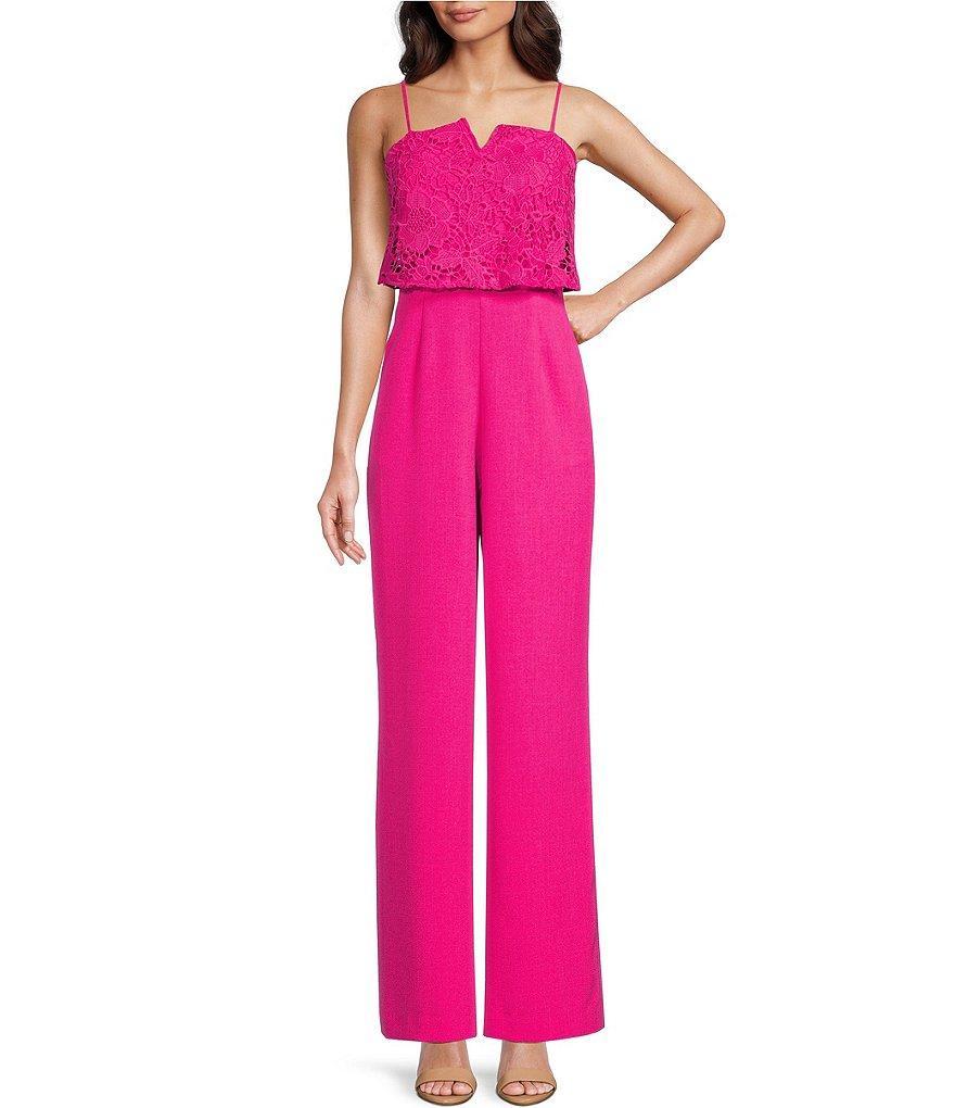 Julia Jordan Lace Split V-Neck Sleeveless Crepe Wide Leg Jumpsuit Product Image