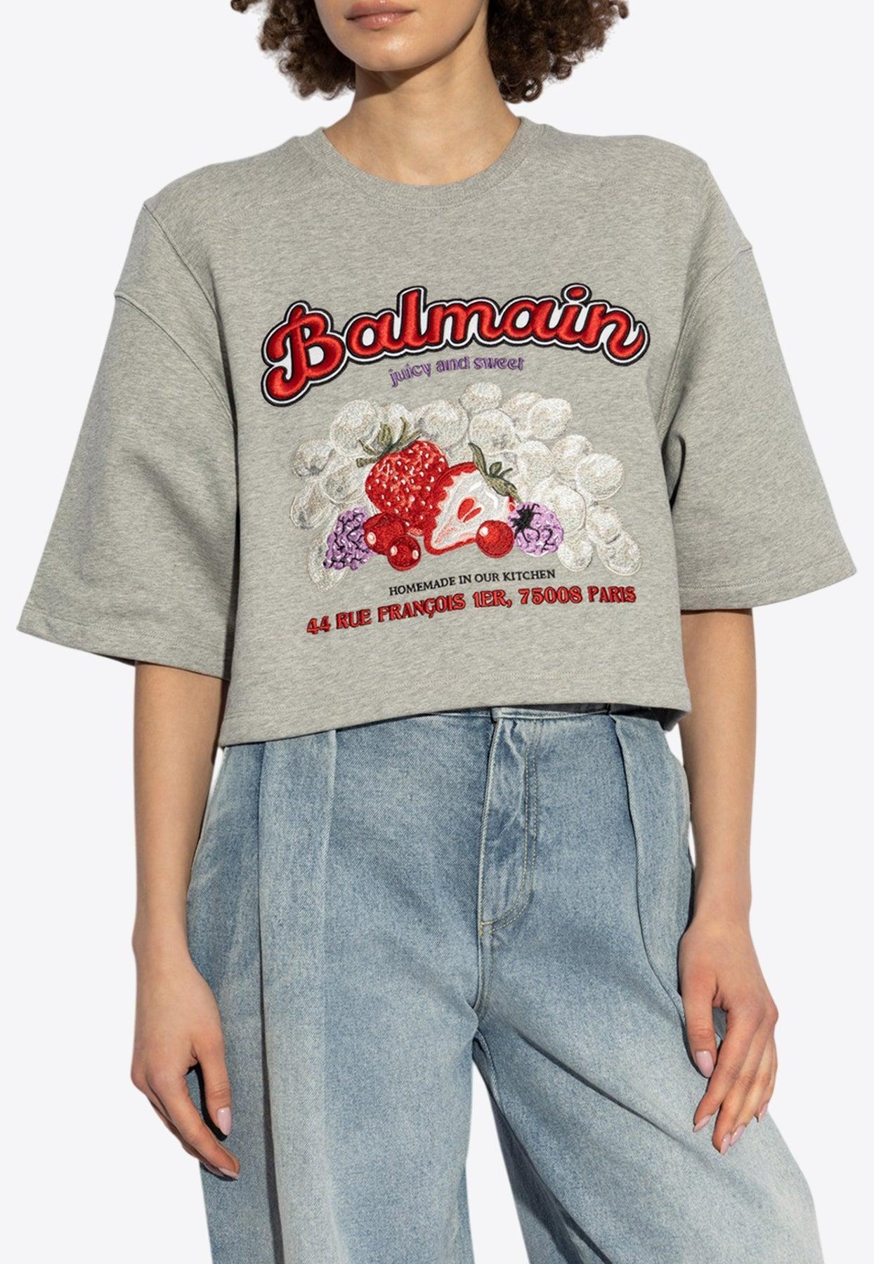 BALMAIN Fruit Print Cropped T-shirt In Gray Product Image