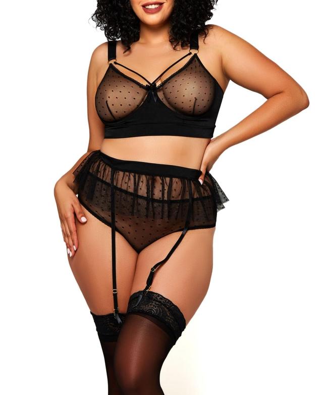 iCollection Plus Size Roma Swiss Dot Skirted 3pc Lingerie Set - Black Product Image