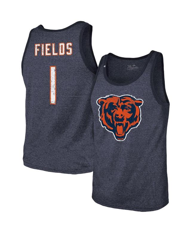 Mens Majestic Threads Justin Fields Heathered Navy Chicago Bears Player Name and Number Tri-Blend Tank Top Product Image