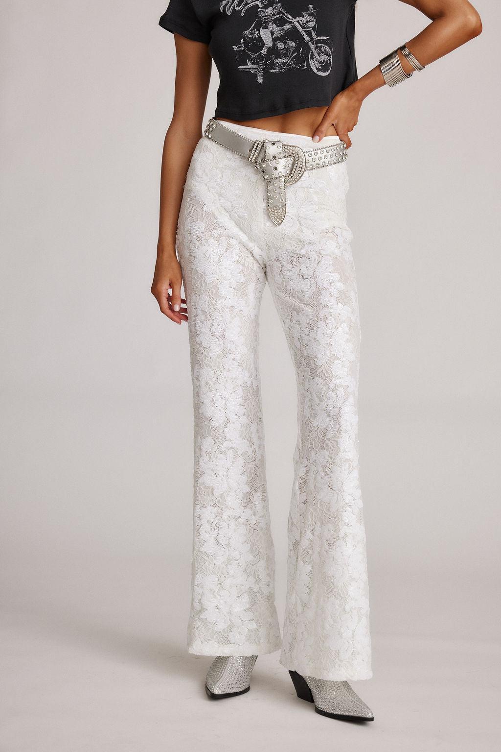 Maddox White Sequin Lace Pants Product Image