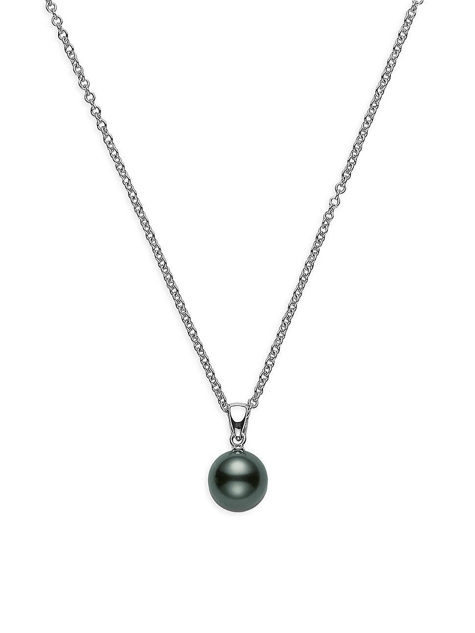 Womens 9MM Black Round Cultured South Sea Pearl & 18K White Gold Pendant Necklace Product Image