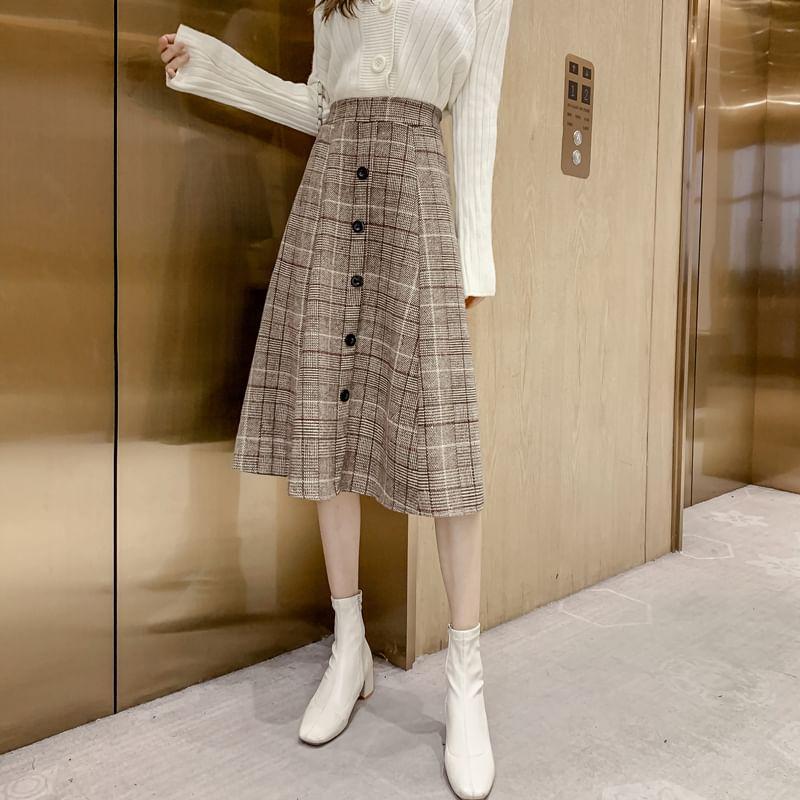 High Rise Plaid Button Accent Midi A-Line Skirt Product Image