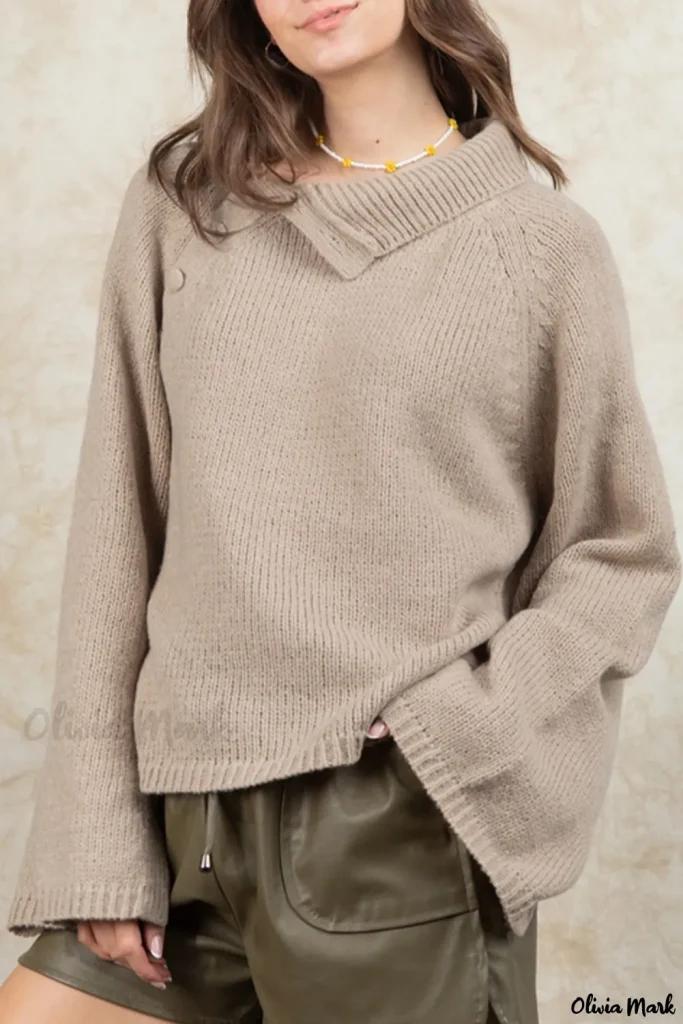 Olivia Mark – Smoke Gray Wide-Sleeved Sweater with High Neck and Side Buttons Product Image