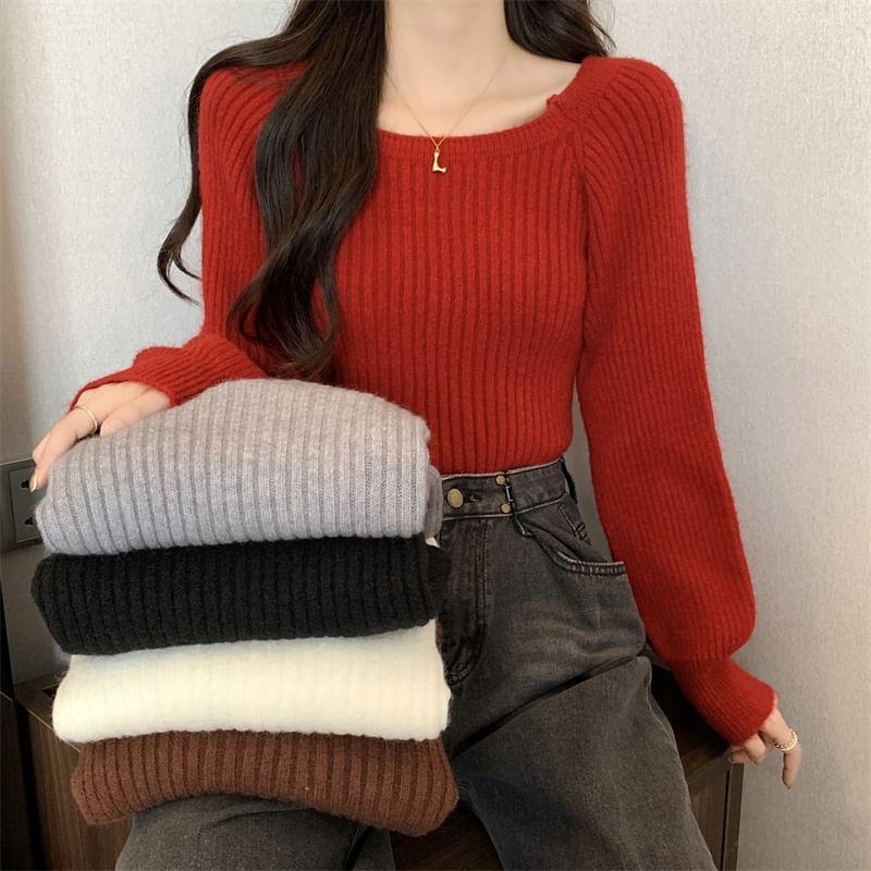 Scoop Neck Plain Ribbed Knit Sweater Product Image