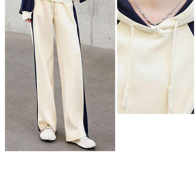 Set: Raglan-Sleeve Two Tone Drawstring Hoodie + Drawstring Waist Wide Leg Sweatpants Product Image