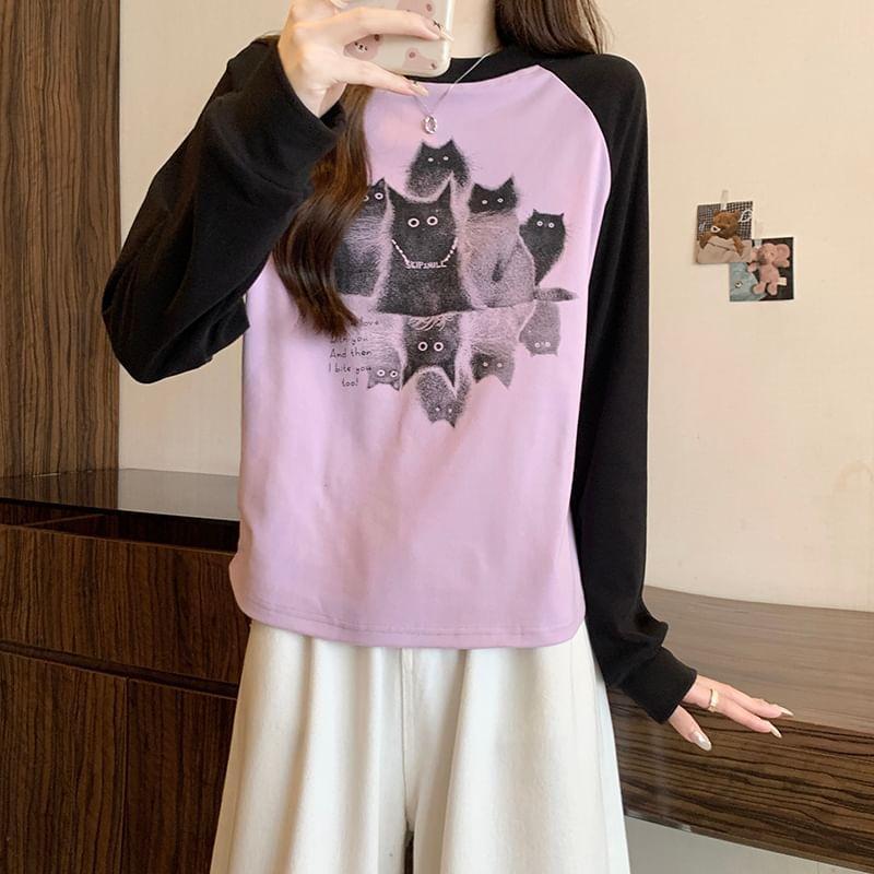 Long-Sleeve Round Neck Cat Print Raglan T-Shirt Product Image